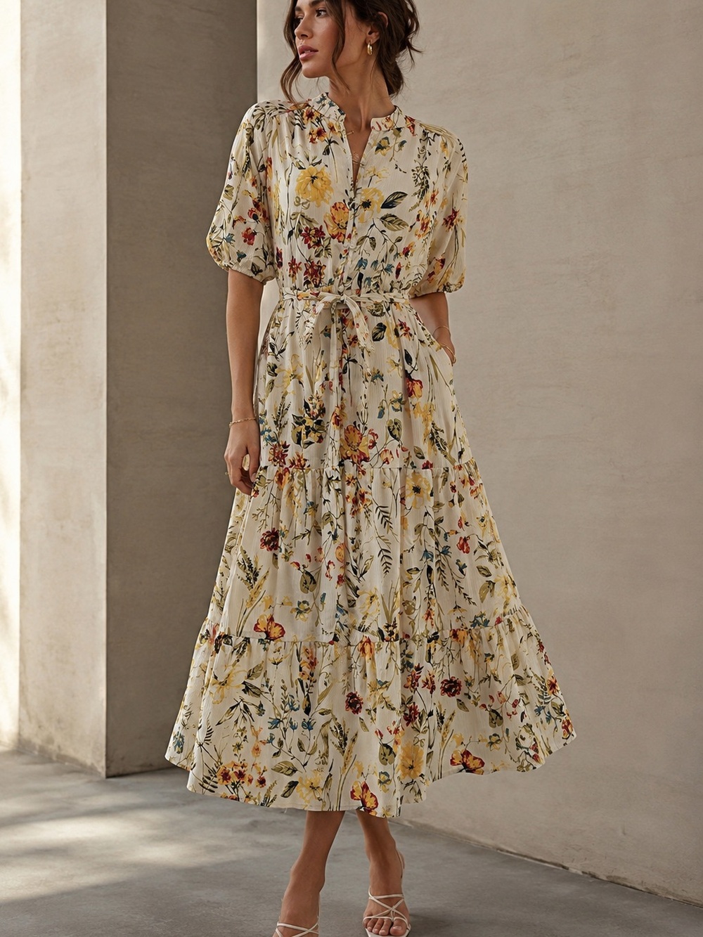 🌼Harlow & Rose Floral Midi Dress Belted Lined Cottagecore Size M
